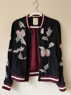 Anthropologie Solstice  Bomber Jacket with Floral Embroidery